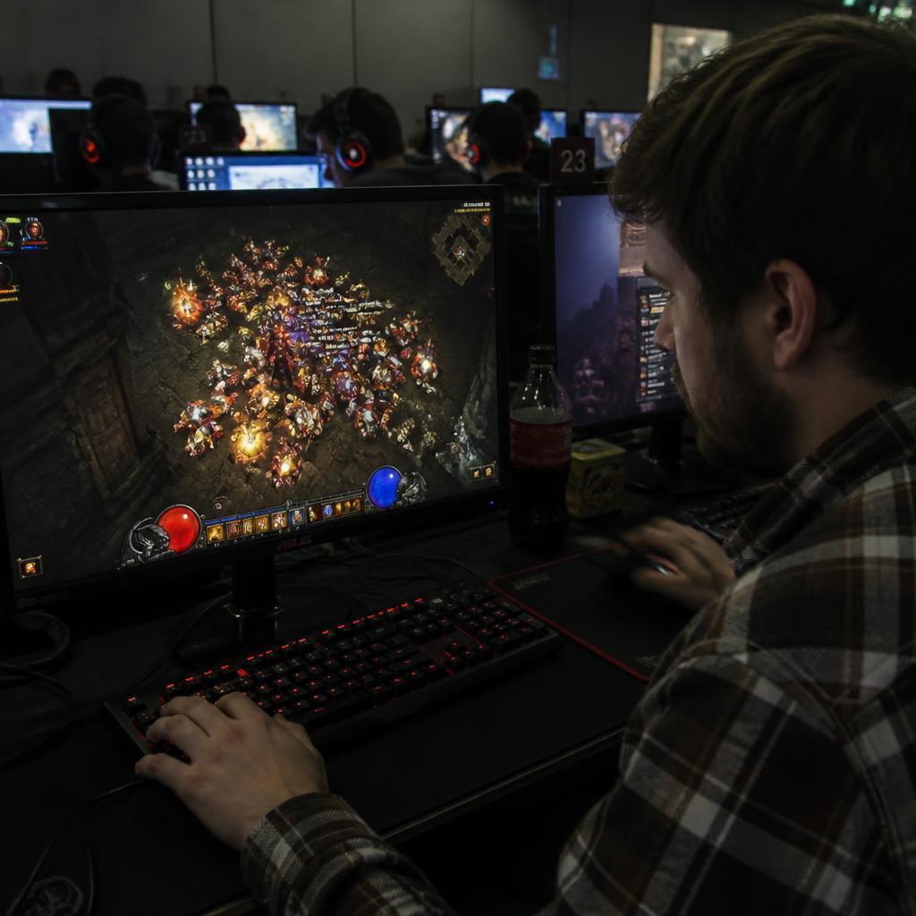 A packed hall of players in glowing headsets at their stations during the mid-evening rush